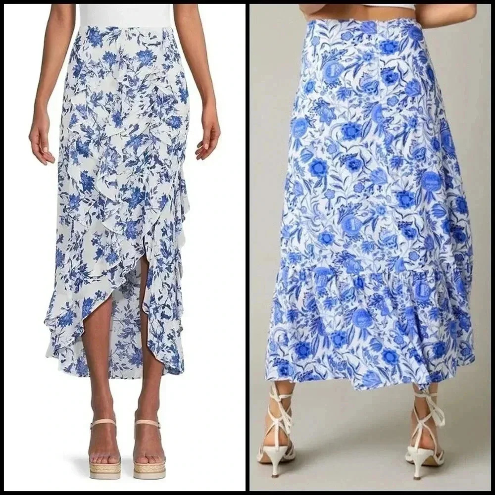 NWT Mlle Gabrielle Asymmetrical Skirt in Blue Floral